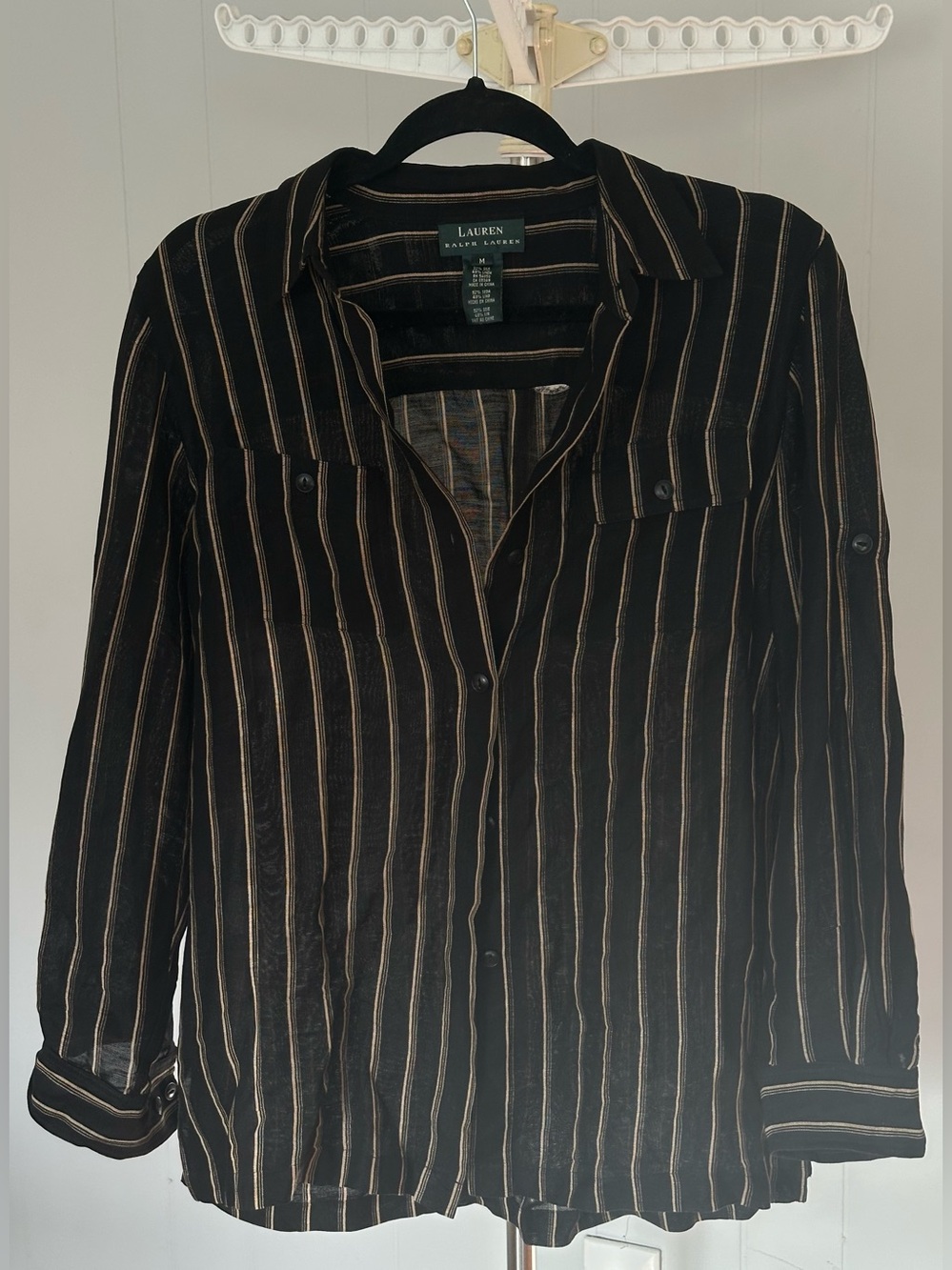 Ralph Lauren silk/linen blend black striped button down shirt